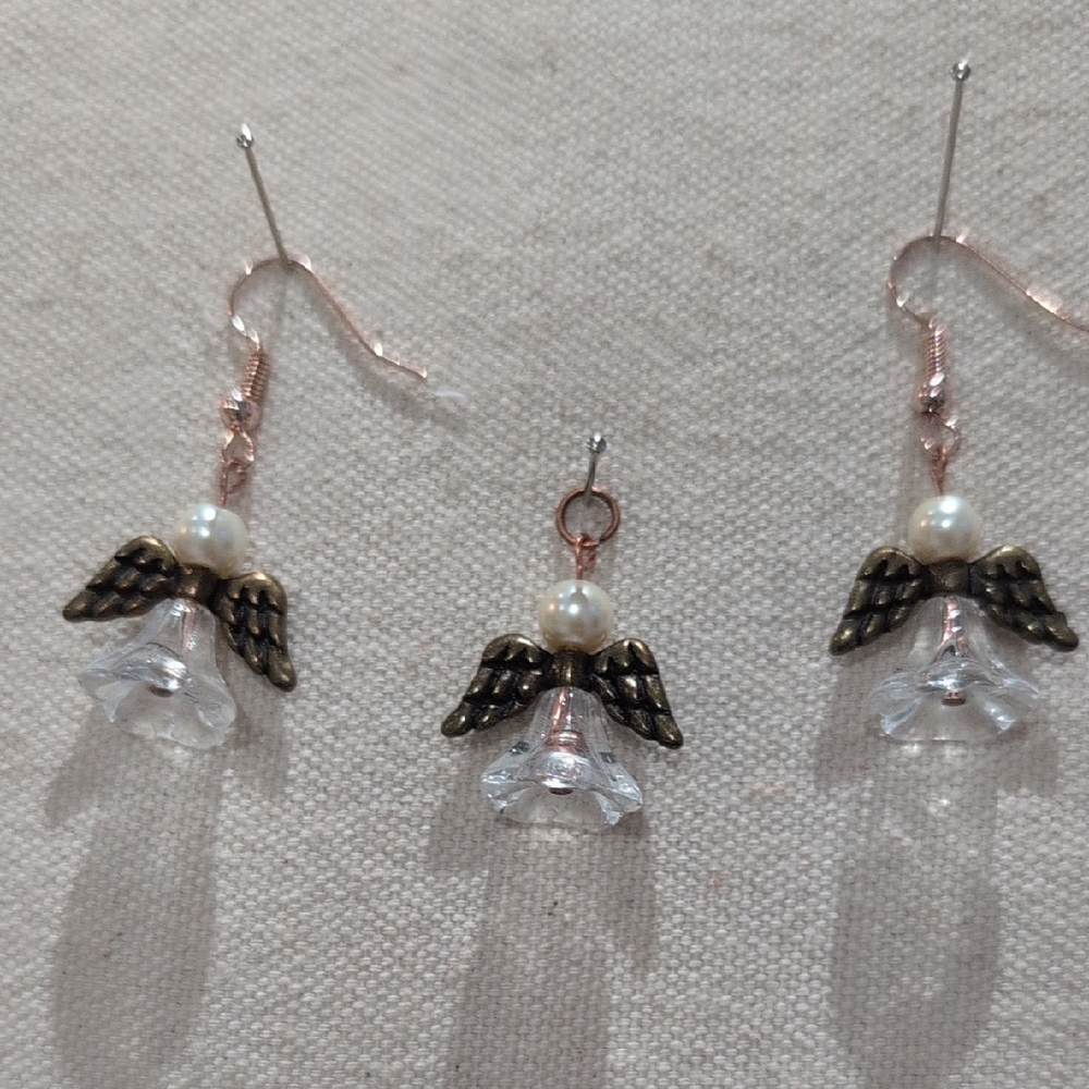 Handmade Bronze Angel & Glass Pearl Earrings & Pendant Set
